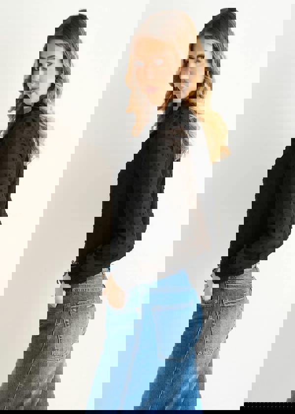 Gini London Black Dobby Chiffon Frill Neck Blouse