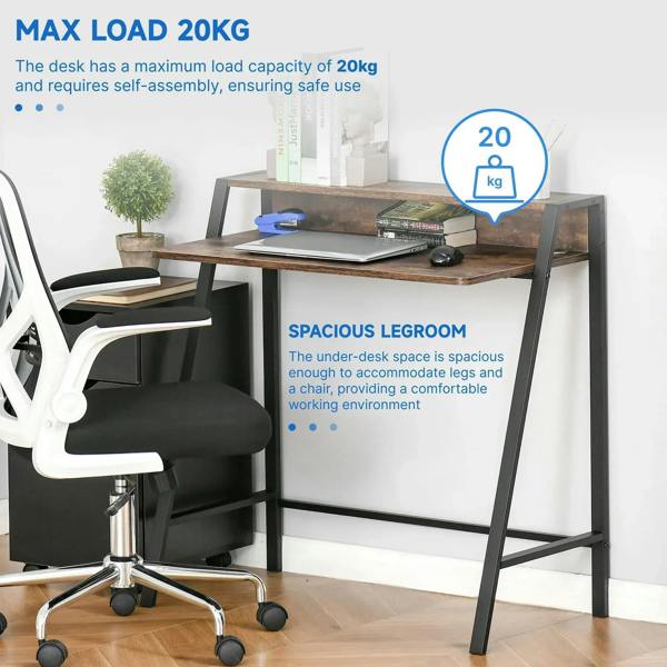 Two-tier desk with chair and books on rustic brown top, open lower shelf