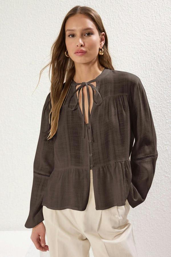 Hoxton Gal Cotton-Textured Regular Fit Woven Shirt with Lace Sleeve Detail