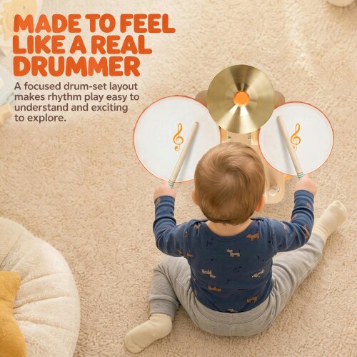 AIYAPLAY Kids Drum Kit, Wooden Musical Instruments with 2 Drums Natural Wood