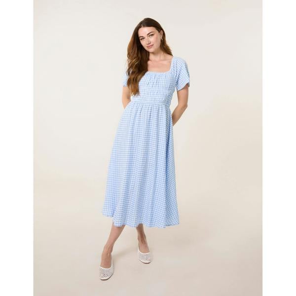 Blue Vanilla Shirred Gingham Midi Dress