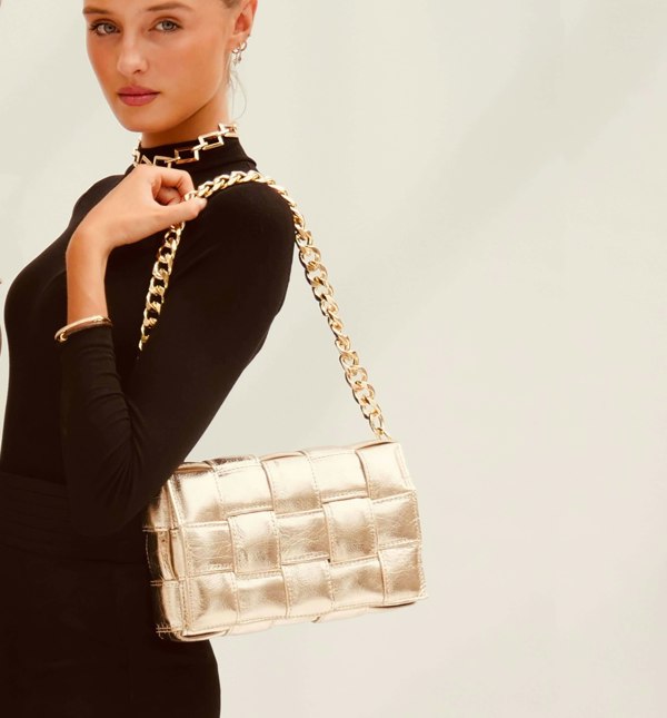 Apatchy Gold Padded Woven Leather Crossbody Bag