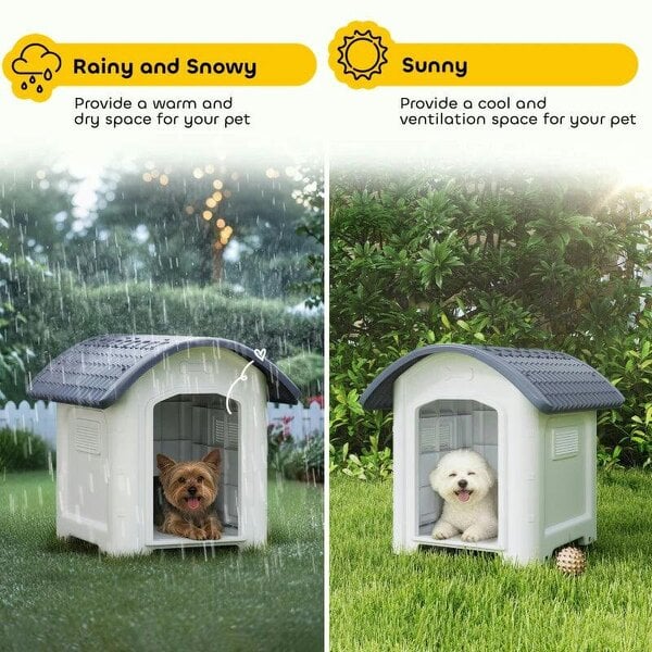 Outdoor Dog Kennel, Plastic Dog House with Removable Floor, Waterproof Roof, Raised Floor, 71 x 60 x 63 cm