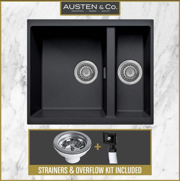 Austen & Co. Florence Inset & Undermount 1.5 Bowl Reversible Granite Kitchen Sink With Strainer & Over Flow Kit - Black