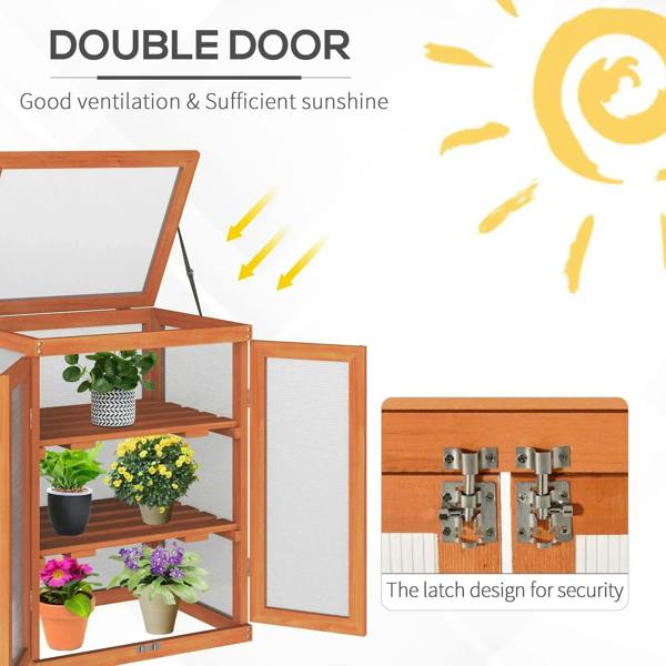 Wood greenhouse cold frame with double doors open, tiered shelves, and potted plants