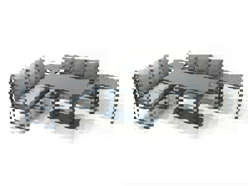 Fimous 6 Seater Aluminium Outdoor Garden Furniture Set with Adjustable Rising Lifting Dining Table 3 Seater Sofa 2 Side Tables Dark Grey