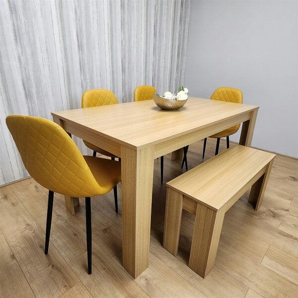Kosy Koala Wooden Dining Table Set for 6 Oak Effect Table With 4 Mustard Gem Patterned  Chairs and 1 Bench