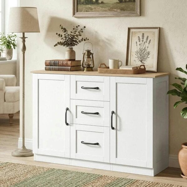 Sideboard Storage Cabinet, Modern 110 cm Buffet Storage Cabinet with 3 Drawers and 2 Soft Close Doors, White - White