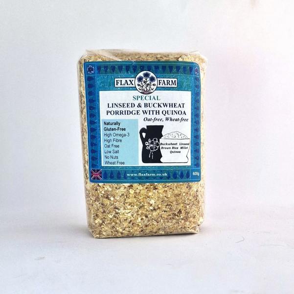 Flax, quinoa and buckwheat gluten-free, oat-free porridge in a cellophane bags with green and blue label.