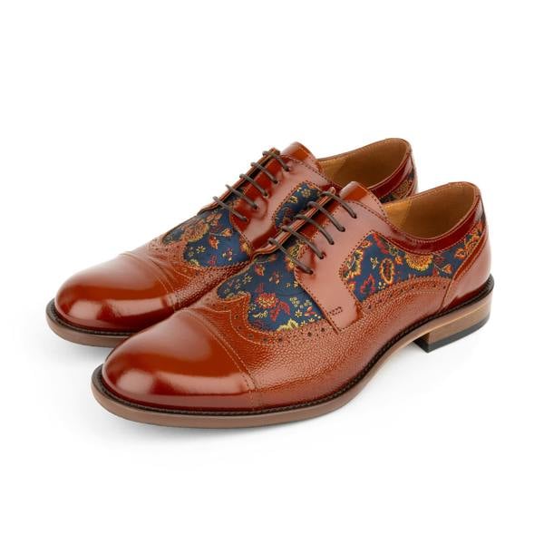 Embassy London Orlando - Tan & Blue Flowers - Men's leather dress shoe with floral print