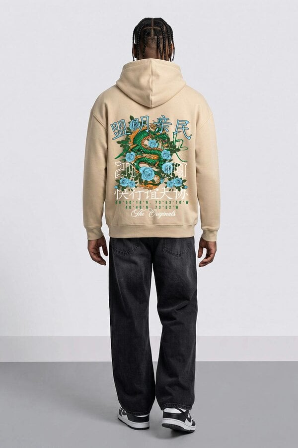 London Attitude Relaxed Fit Dragon Graphic Hoodie - Desert Dust