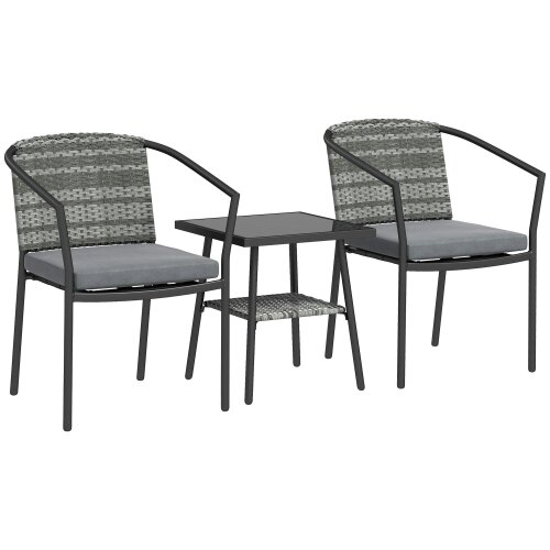 Wyld Haus Midi Grey Rattan 3 Piece Bistro Set With Cushions And Glass Coffee Table