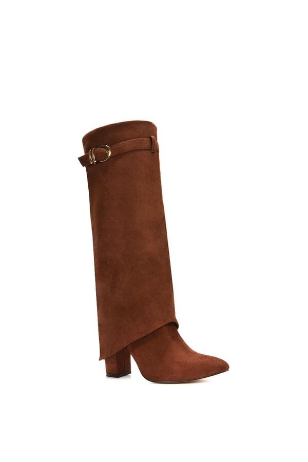 XY LONDON Fold Over Boots Block Heel Buckle Point Toe