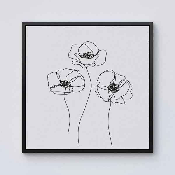 Warren Reed Monochrome Line Drawn Poppies Framed Canvas