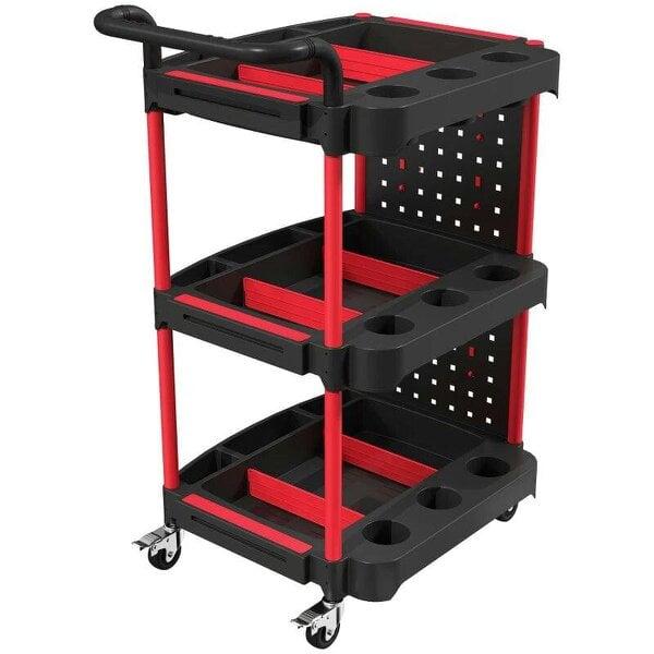 3-Tier Rolling Tool Cart with Pegboard and Hooks, Storage Trolley Wheel Cart with Brakes, Black & Red