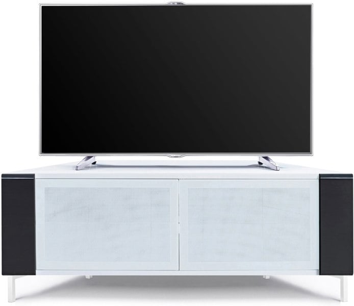 MDA Designs CORVUS Corner-Friendly Gloss White Contemporary Cabinet with Black Profiles White BeamThru Glass Doors for Flat Screen TVs up to 50"