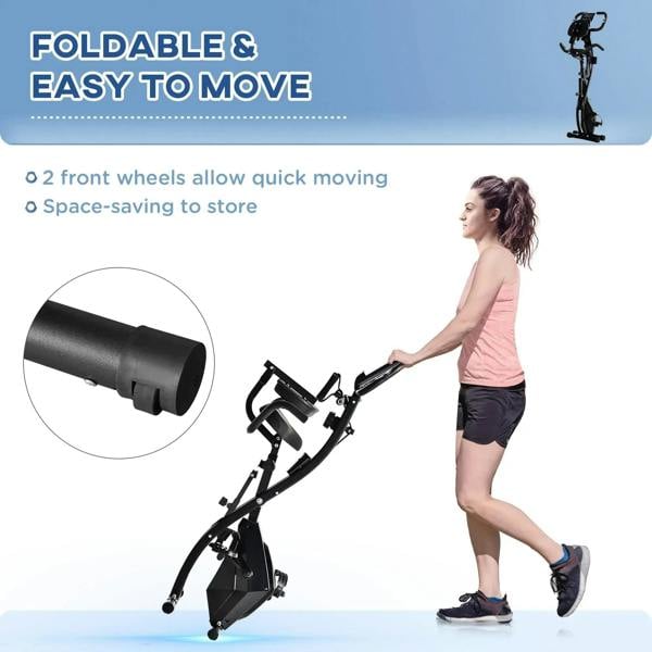 Folding black exercise bike with transport wheels for easy moving