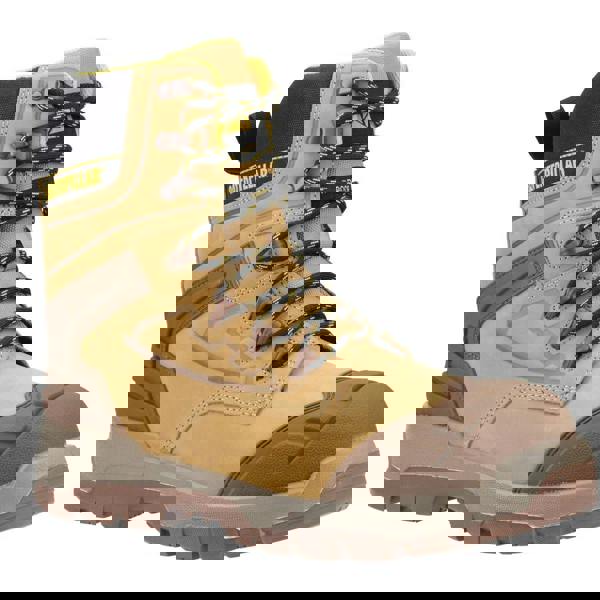 Caterpillar Striver XL 8" Mens Side Zip Waterproof S7 Safety Ankle Boots, yellow and brown waterproof work boot with side zipper and black-yellow laced closure.