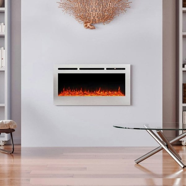 Silver 2kW Electric Fireplace 12 Flame Colour Recessed Fire with 2 Heat Settings Wall Mounted Fires Living and Home
