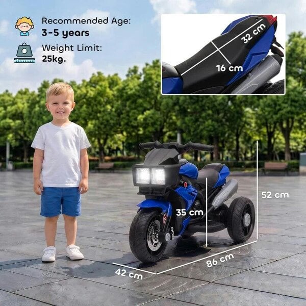 Kids Electric Motorcycle Ride-On Toy, 3-Wheel Battery-Operated Motorbike with Horn, Toddler Ride On Bike, Blue