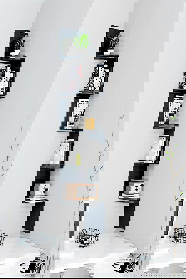 Living and Home 5-Tier Wooden Zigzag Floating Corner Shelves Black Bookshelf