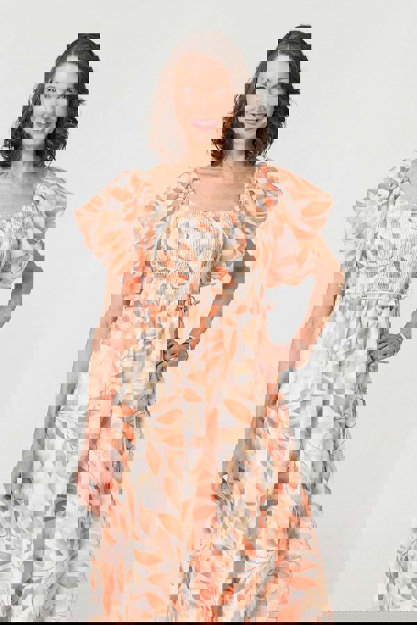 Orange | Leaf Print Short Puff Sleeve Midi Dress
