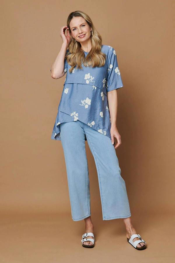 Blue | Floral Asymmetric Layered Tunic Blouse