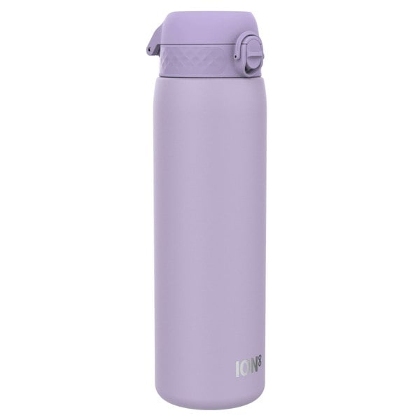 A lavender water bottle stands upright against a white background. The bottle has a textured lid with a flip-top. The brand "ION8" is visible near the bottom.