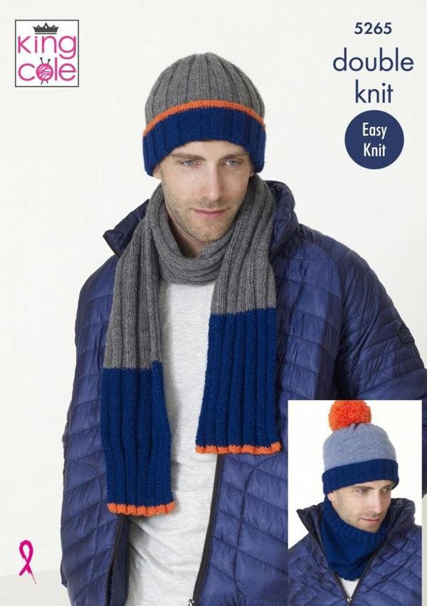 King Cole Big Value DK Knitting Pattern 5265, Scarves, Headwear for Men, One Size - Easy