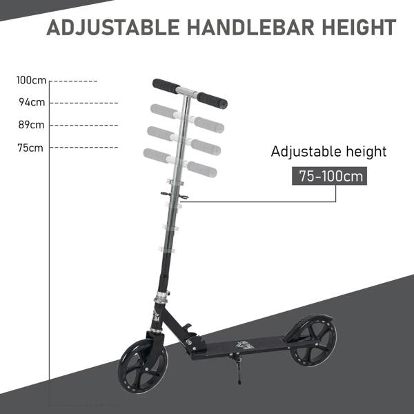 Black adjustable-height kids kick scooter with handlebar height range 75–100 cm