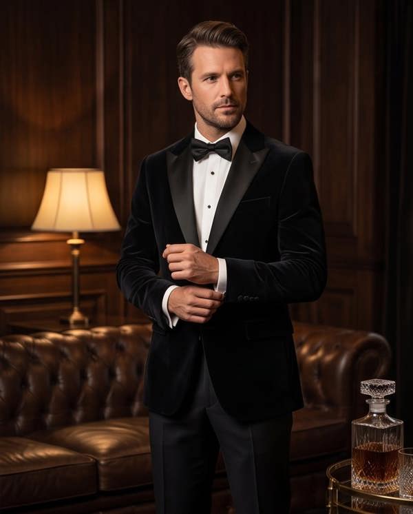 Man in a black tuxedo standing in an elegant room with a lamp and leather sofa.