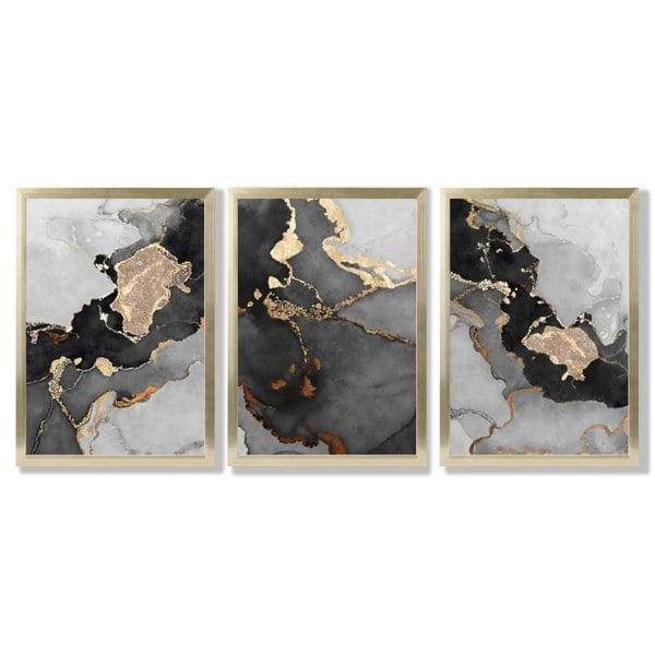Artze Wall Art Framed Set of 3 Abstract Art prints of Paintings Black Grey and Gold