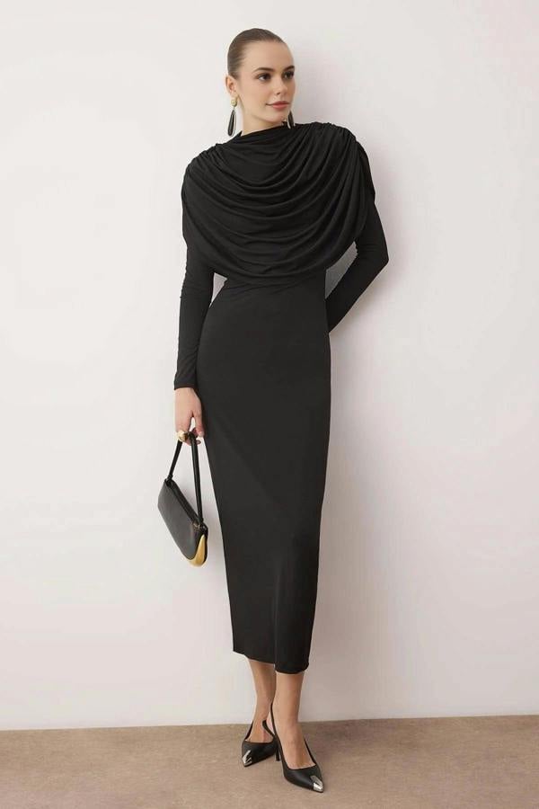 WOVCOR Elegant Knitted Evening Dress with Collar Detail