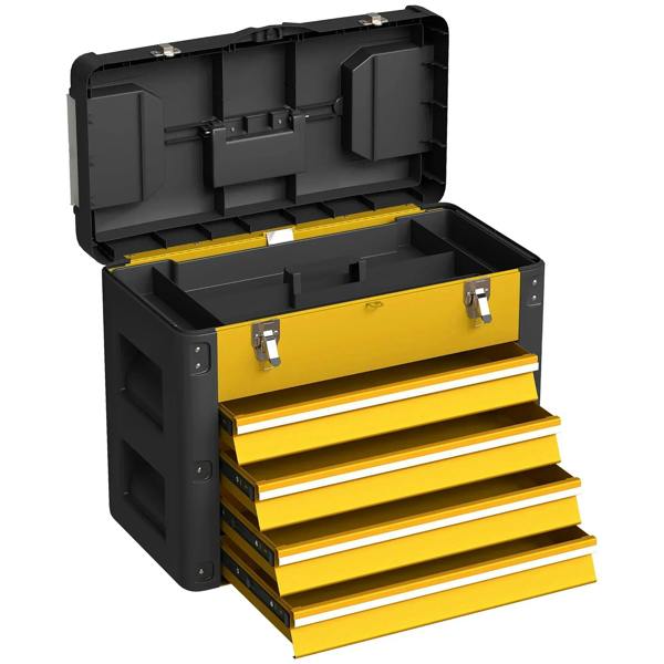 Large yellow 4-drawer toolbox with open lid and pull-out drawers