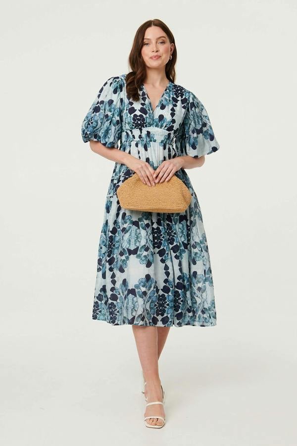 Blue | Floral 1/2 Puff Sleeve Tiered Midi Dress