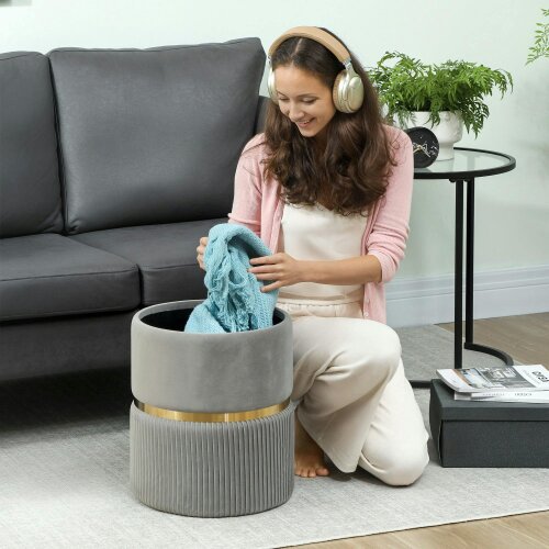 Wyld Haus Rivera Velvet Light Grey Ribbed Storage Ottoman Gold Accent
