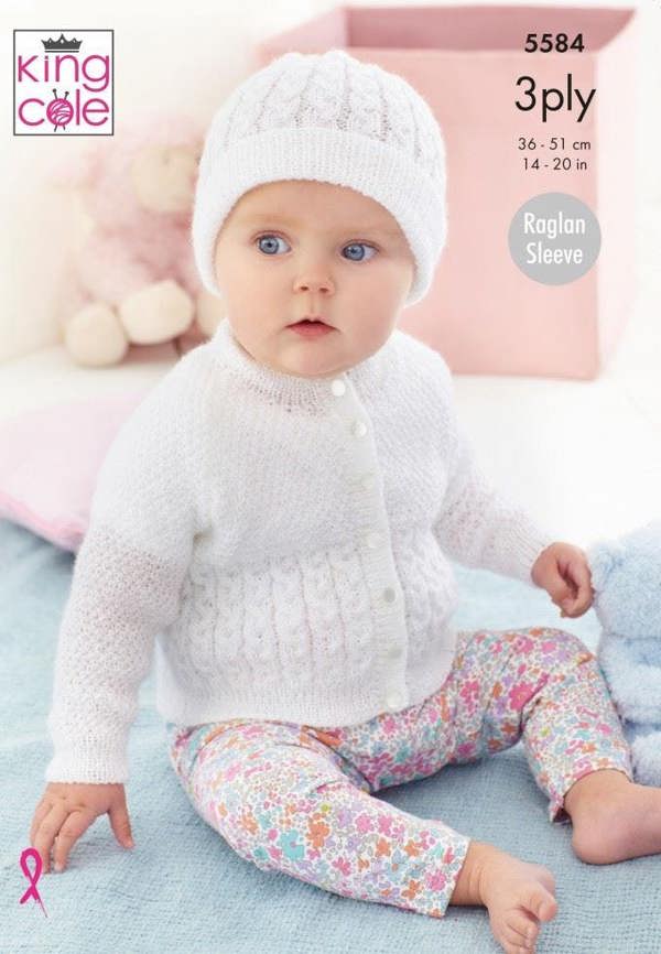 King Cole Big Value Baby 3 Ply Knitting Pattern 5584, Cardigans, Headwear for Baby, 14 - 20 Inches