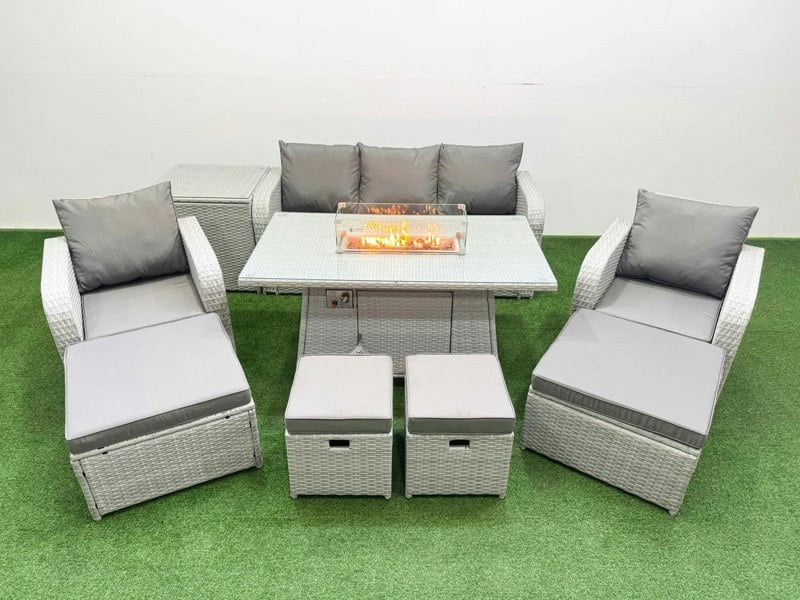 Fimous PE Rattan Lounge Sofa Set 9 Seater Outdoor Garden Furniture Set with Gas Fire Pit Table 3 Seater Sofa 2 Big Footstools Side Table Light Grey