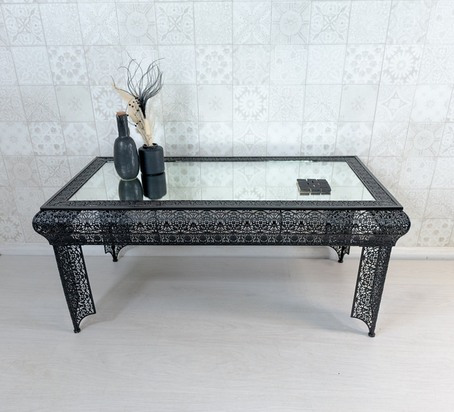 Downton Interiors Black Embossed Metal Mirrored Glass Coffee Table - Agadir Range
