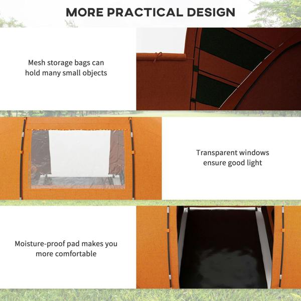Orange tent with mesh storage pockets and clear window panels