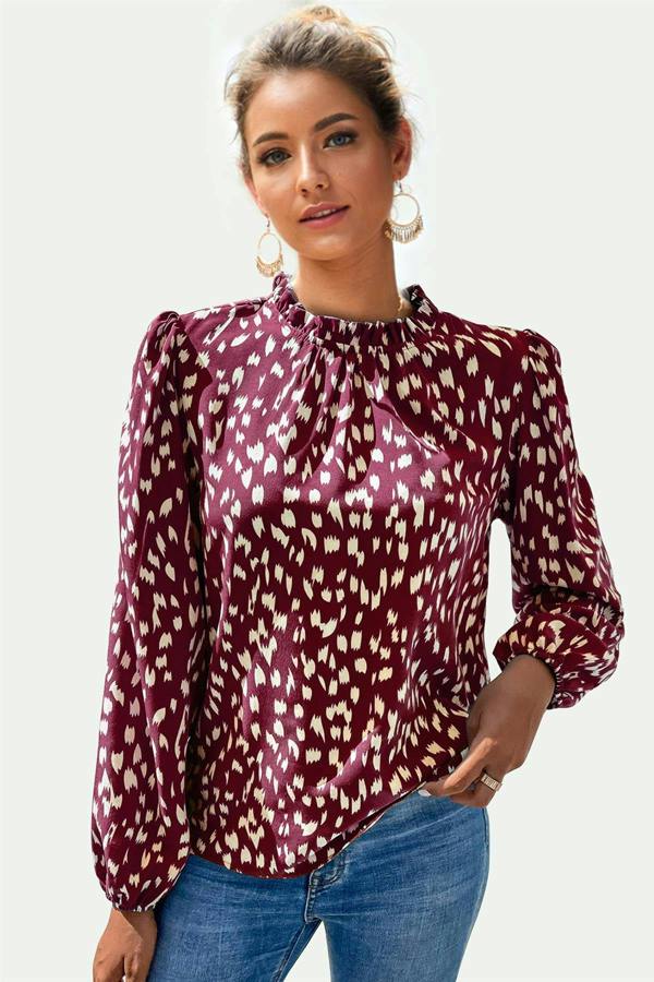 FS Collection Animal Print Frill Detail High Neck Top In Wine