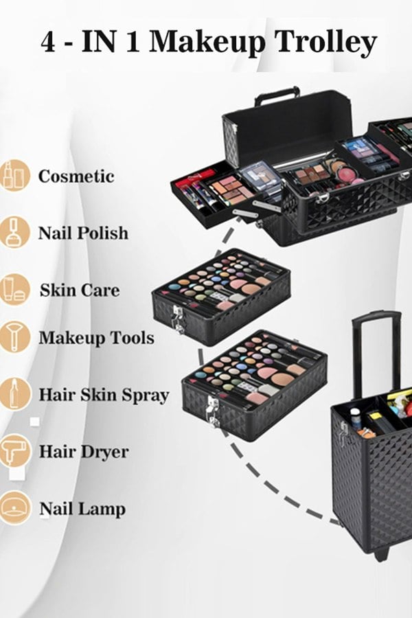 Living and Home 4 in 1 Professional Rolling Cosmetic Train Case Trolley Case Beauty Storage Box for Hairdressing Beauty