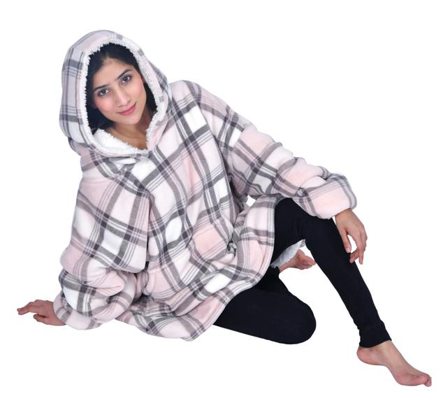 Smart Living Ladies Check Plush Teddy Blanket Hoodie - Pink