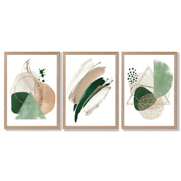 Abstract Set of 3 Sage Green and Beige Framed Art Prints with Light Oak Frames