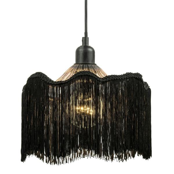Striking Black Fringed Smoked Glass Pendant Shade with Long Tassels Image 3