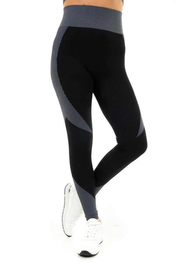 Smart Living Women's Textured High Waist Panel Leggings with Striped Design - Black / Grey