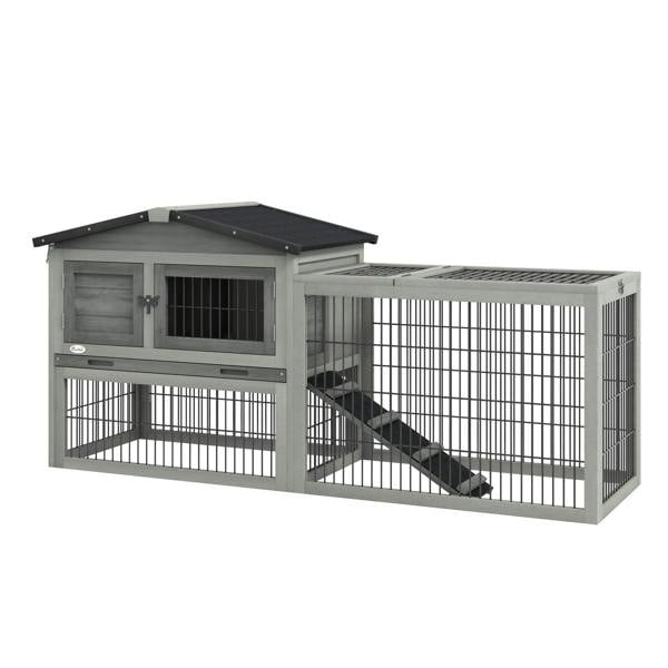 Light grey rabbit hutch with outdoor run, wire front, door, and ramp