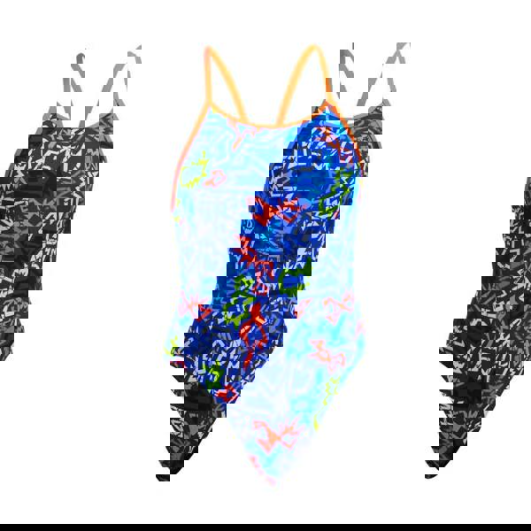 Funkita Girls Broken Hearts Diamond Back Swimsuit in blue multi with abstract nylon spandex pattern