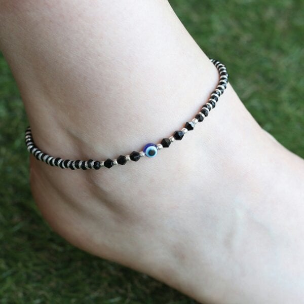 The Colourful Aura 925 Silver Black Beaded Evil Eye Nazar Payal Anklet
