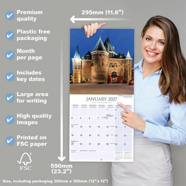 Europe Amsterdam Calendar 2027, Wall Calendars, Month To View, Travel, Gift